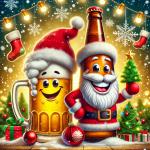 DALL·E 2024-12-22 16.22.40 - A humorous and festive Christmas caricature featuring a cheerful beer bottle and beer mug, dressed as Santa Claus with red hats and white fluffy trim,.webp